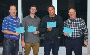 From left, Andrej Branc, PelGar USA; PMP’s own Ryan Gerard; James White, Advantage Green Lawn & Pest Solutions; and Lonnie Alonso, Columbus Pest Control, show off the pro shop certificates they received for winning the golf tournament. Photo: Joelle Harms