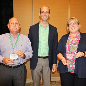 Outgoing RISE Governing Board members were recognized during the association’s annual meeting Sept. 23-26, 2018, in Amelia Island, Fla. From left are Dan Stahl who served as Governing Board chair from 2014-16, OHP Inc.; Aaron Hobbs, RISE president; and Stephanie Jensen, outgoing Board member, BASF Corp. PHOTO: RISE
