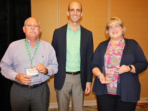 Outgoing RISE Governing Board members were recognized during the association’s annual meeting Sept. 23-26, 2018, in Amelia Island, Fla. From left are Dan Stahl who served as Governing Board chair from 2014-16, OHP Inc.; Aaron Hobbs, RISE president; and Stephanie Jensen, outgoing Board member, BASF Corp. PHOTO: RISE