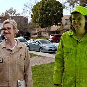 Jane Lynch and Matty Cardarople at the ad shoot. PHOTO: CLARK PEST CONTROL
