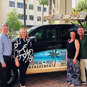 From left are John Brogan (Acquisition Experts), Tim Pollard and Emily Thomas Kendrick (Arrow), Stacy and Jim Wright (Tropical), and Kevin Burns (Arrow). PHOTO: ARROW EXTERMINATORS