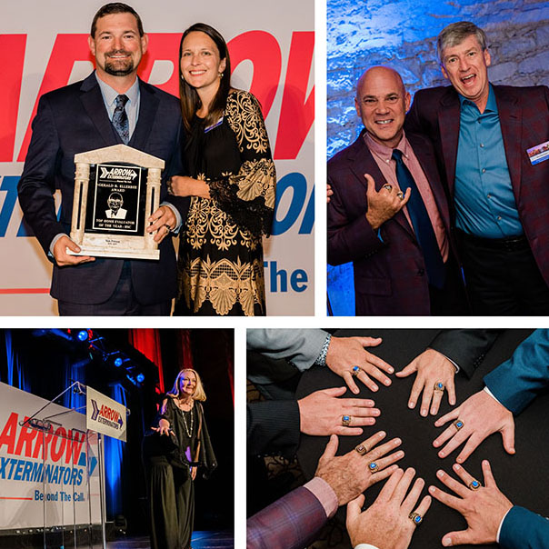 Arrow team members who earned special recognition at the event include Tim Prince, home evaluator (top left); Joel Bosch and Ron Sherman, both home evaluators (top right, from left); David Massey, Corey Ploss, Cameron Harris Sr., Ed Miller, Darren Fish, Jay Velez and Eric Gabe (bottom left, from left). PHOTOS: ARROW EXTERMINATORS