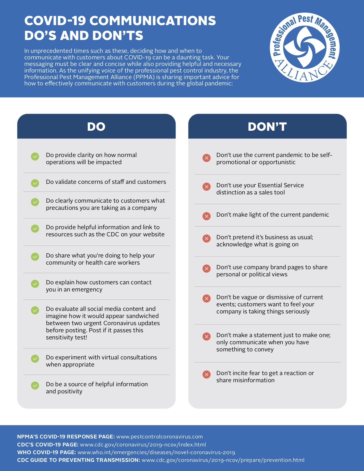 The Professional Pest Management Alliance created a downloadable tip sheet for use during the coronavirus pandemic. IMAGE: PPMA