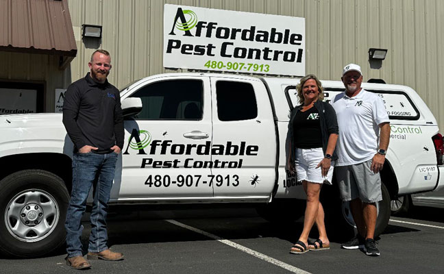 From left are Brent Agee, ACTION CEO, and Affordable Pest Control co-owners Leah and Tony Gumm. IMAGE: ACTION TERMITE & PEST CONTROL