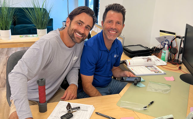 Brenton Cloud, left, and Josh Johnson examine the termite samples that were collected from a Temple Terrace, Fla., home. IMAGE: GREENHOUSE TERMITE & PEST CONTROL