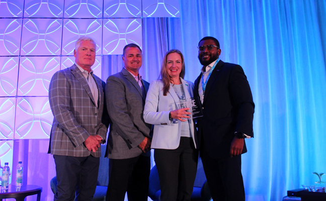 Darryl Blakey (right), manager, government affairs, BASF Corporation, was presented a RISE Volunteer Service Award during its Annual Meeting in San Diego for his work as Chair of the Legislative Affairs Committee in 2022-2024. Presenting the award is the RISE Executive Committee from left, Treasurer John Johnson, Prokoz; Vice Chair Todd Mason, Sipcam Agro; and RISE President Megan Provost. PHOTO COURTESY OF RISE