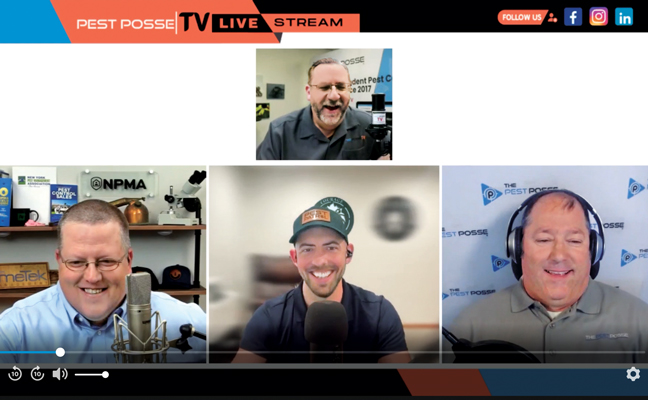 From bottom left, Coast 2 Coast Pest Talk podcast co-hosts Andy Sanefski and Gabe Seymour were on a livestream this summer with The Pest Posse’s Culley Christensen (bottom right) and Foster Brusca (top). (Screenshot: The Pest Posse)