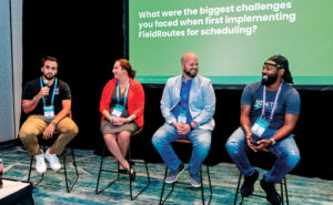 One of the many educational sessions during Ignite was a FieldRoutes panel devoted to “Scheduling Best Practices from Your Peers.” From left are Kyle Selbach, director of operations, All U Need Pest Control, Fort Myers, Fla.; Breanna Neerland, operations manager and managing partner, Kwik Kill Pest Control, Madison, Wis.; Brian Starnes, co-founder and CEO of FieldRoutes’ supplier partner Pest SOS; and panel moderator Ray Honey, FieldRoutes’ director of customer success. PHOTO: SERVICETITAN