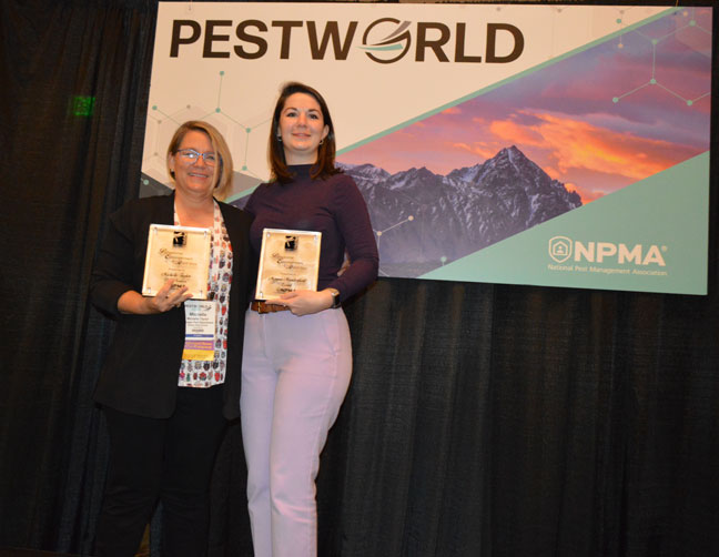 Professional Women in Pest Management (PWIPM) awarded its annual Deni Naumann Women in Pest Management Empowerment Grants to, from left, Michelle Taylor, ACE, of Dean’s Pest Control and Morgan Manderfield, BCE, of Ecolab. PHOTO: PMP STAFF