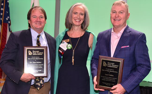 Dr. Dan Suiter, GPCA President Ashley Marratt and Lee Tubbs pose for a photo as Dr. Suiter and Tubbs were inducted into the association's hall of fame. PHOTO COURTESY OF GPCA