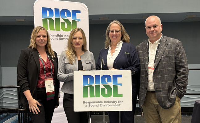 RISE Industry Issues Update breakfast speakers during the AMCA annual meeting. From left: Keira Lucas, deputy executive director of the Collier Mosquito Control District: Megan Provost, RISE president; Karen Larson, representing Clarke and immediate past chair of the RISE Governing Board; and Paul Bauman, general manager of the Toledo Area Sanitary District (Ohio). PHOTO: RISE