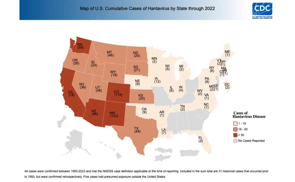 Map of U.S. cumulative cases of hantavirus by state through 2022. GRAPHIC COURTESY OF CDC