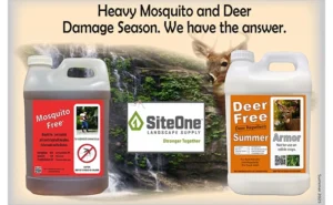 Composite image of Garden Girls Mosquito Repellent and Deer Repellent with SiteOne logo and deer image