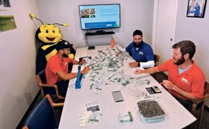Stuffing Akita’s wildflower seed packets are, from left, Manny Mendez, inspector; Matt Leon, director of operations; and the author. PHOTO: AKITA PEST CONTROL