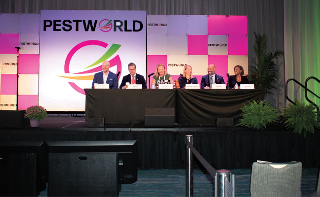 The NPMA 2025-2026 Board
of Directors — President-Elect
Mike Bullert, Treasurer Bob Dold, President
Emily Kendrick, Ex Officio Dominique Stumpf,
Secretary Joel Nolasco and Immediate
Past President Faye Golden — got down to
business at the annual membership meeting
Thursday morning. IMAGE: PMP STAFF