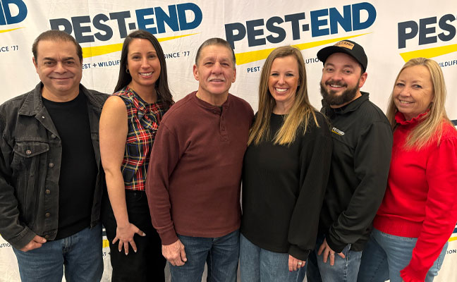 Bob Trudel was the very first employee that Andy and Nancy Carace hired for Pest-End in 1986. Pictured from left are Andy Carace with daughter and CFO Amanda Forestall; Bob Trudel; daughter-in-law and son Courtney and Adam Carace, COO and CEO, respectively; and Nancy Carace.