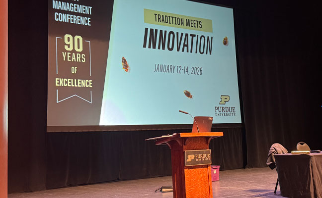Dr. Barry Pittendrigh, director of the Purdue Center for Urban and Industrial Pest Management, welcomed 300 attendees to the 90th Annual Purdue Pest Management Conference this morning in the Loeb Playhouse Theater. 