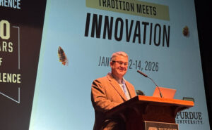 Dr. Barry Pittendrigh, director of the Purdue Center for Urban and Industrial Pest Management, welcomed 300 attendees to the 90th Annual Purdue Pest Management Conference this morning in the Loeb Playhouse Theater.