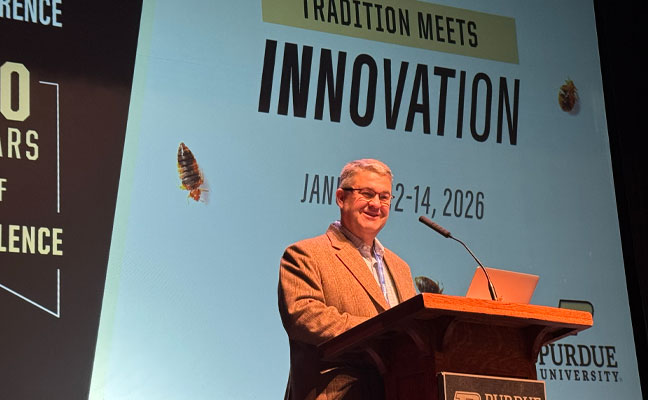 Dr. Barry Pittendrigh, director of the Purdue Center for Urban and Industrial Pest Management, welcomed 300 attendees to the 90th Annual Purdue Pest Management Conference this morning in the Loeb Playhouse Theater.